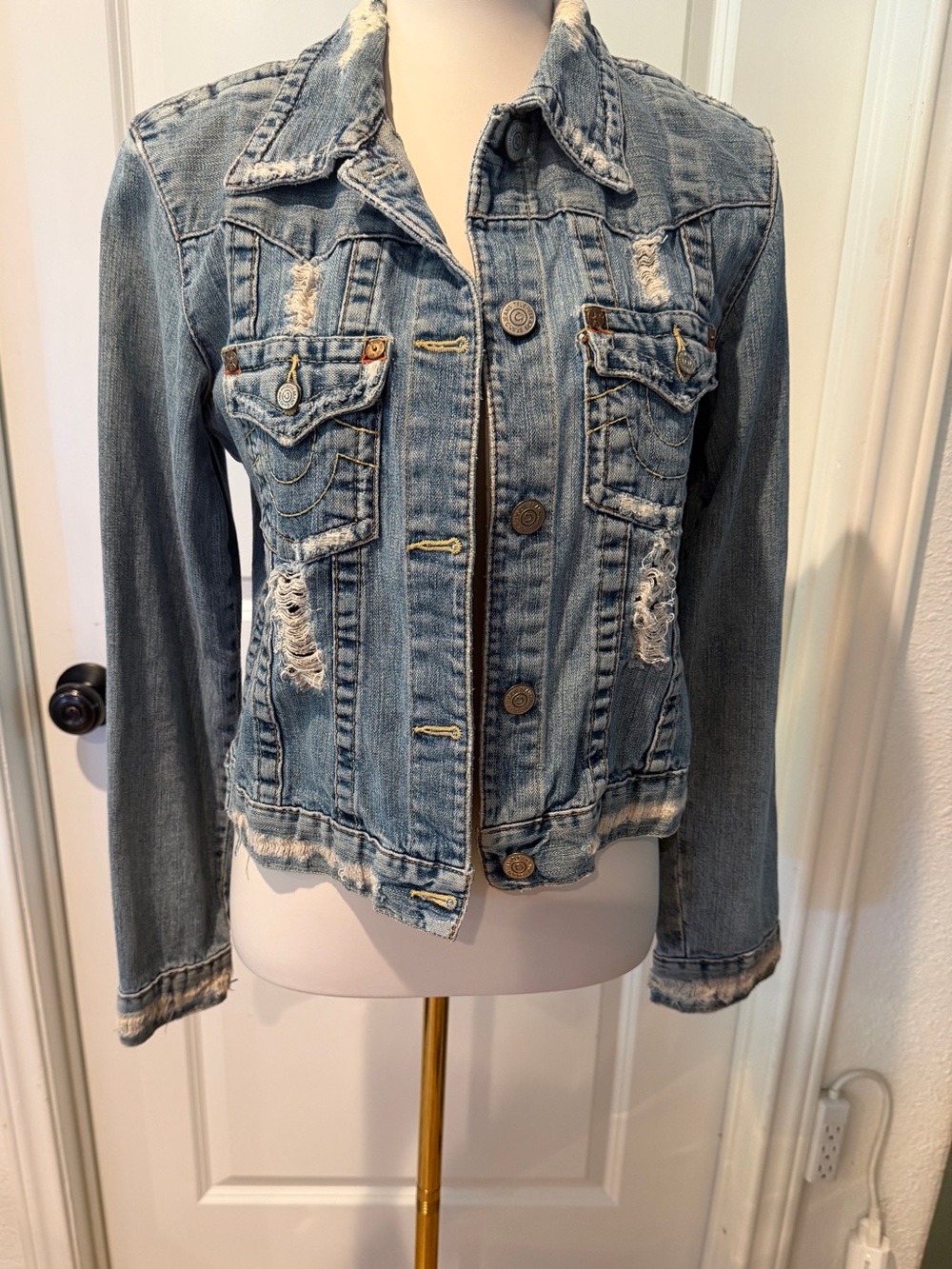 True Religion Y2K Distressed Light Blue Denim Jean Jacket - World Tour